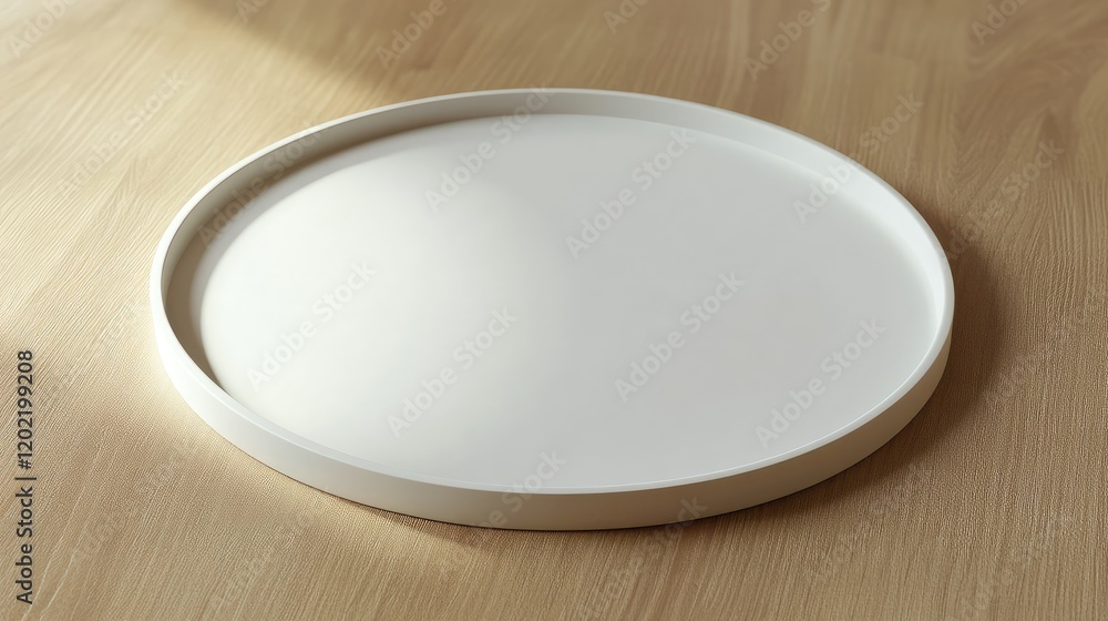 Aufkleber white ceramic serving tray on a wooden surface with soft lighting and copy space for text.