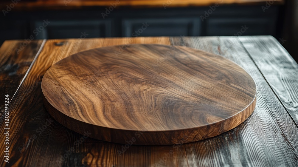 Poster round wooden serving board on a rustic wooden table with copy space for text