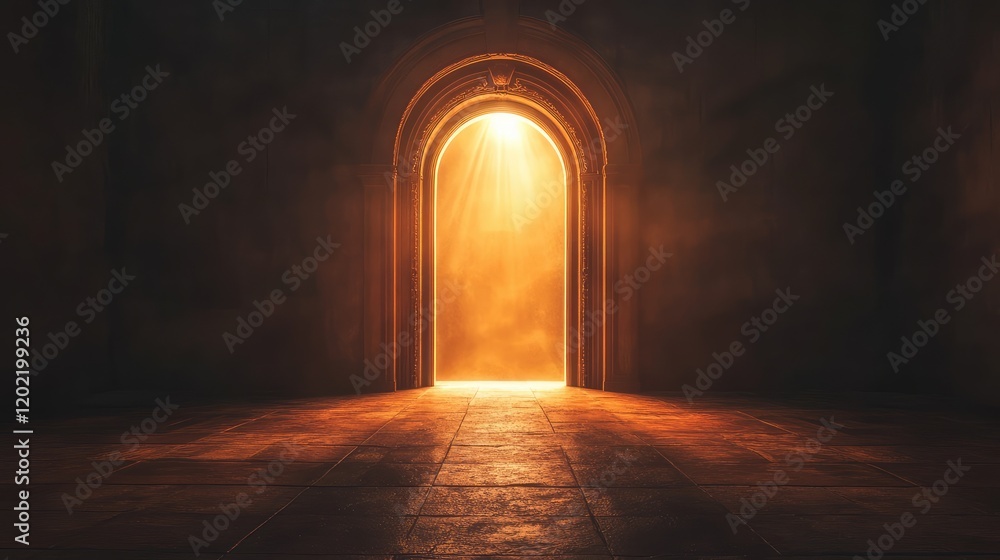 Poster mysterious illuminated doorway with warm light entering a dark room copy space for text placement