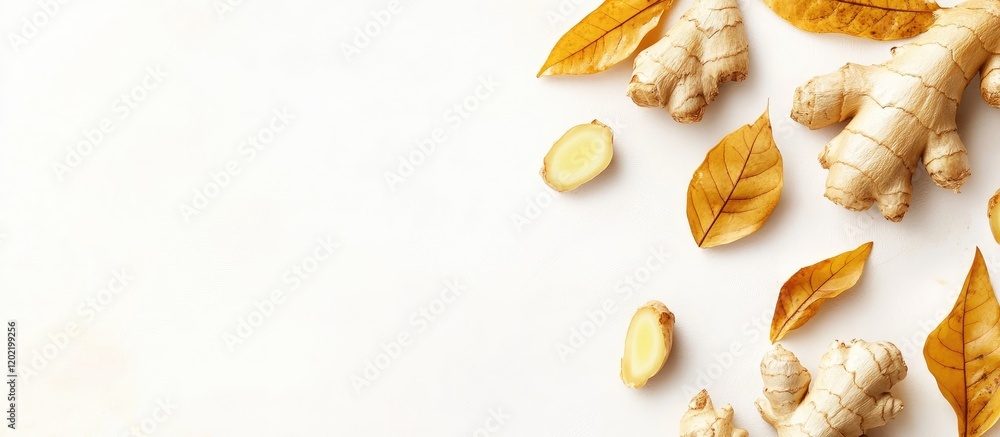 Poster fresh ginger root and dried yellow leaves on white background with copy space for text and design el