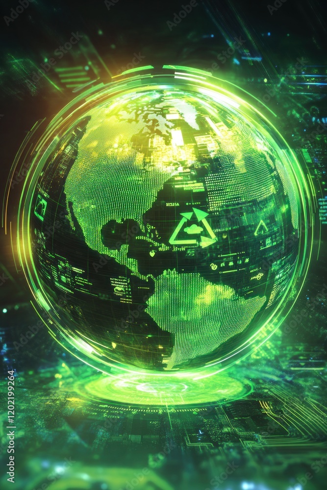 Aufkleber green planet earth rotating with recycling symbol showing cloud computing and global environmental c