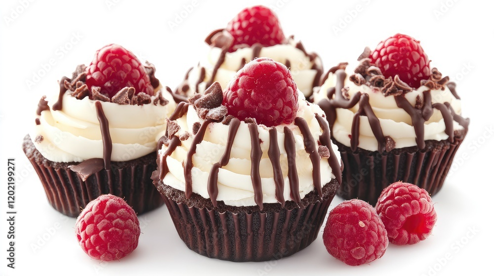 Poster chocolate raspberry cupcakes with whipped cream frosting and raspberry garnish on a white background