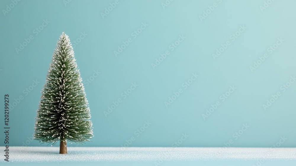 Poster artificial christmas tree with snow on branches against a solid blue background with copy space for 