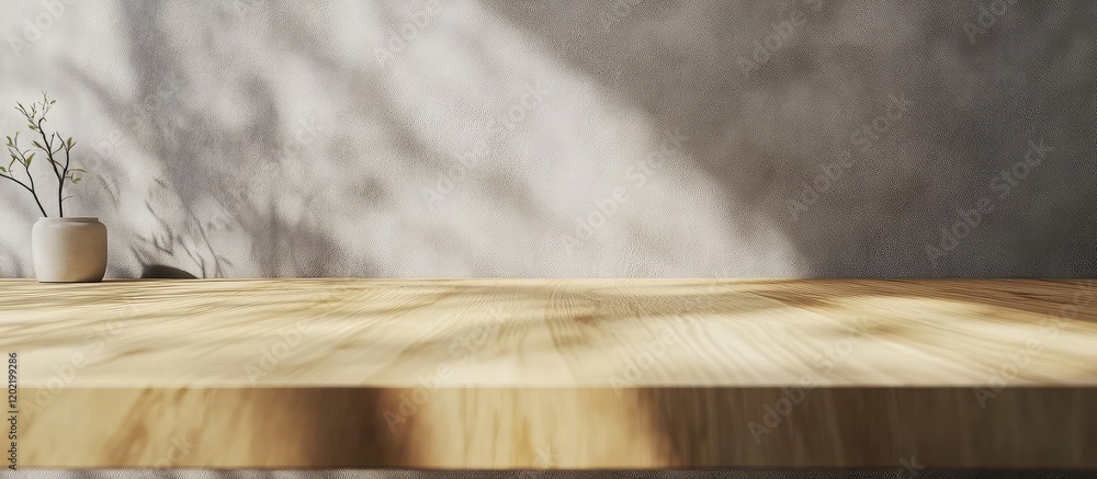 Leinwandbilder wooden tabletop with soft natural light shadowing a minimalist background and a small potted plant d