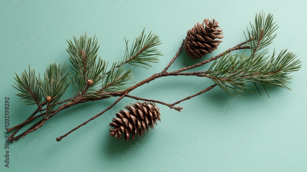Poster pine branch with cones on a mint green background with copy space for text. minimalistic natural com
