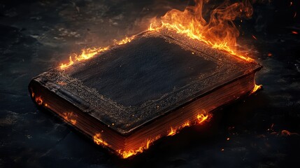 Burning ancient book with flames engulfing edges and dark background featuring smoke and light effects Copy Space