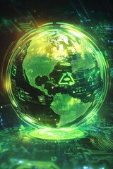 Green planet earth rotating with recycling symbol showing cloud computing and global environmental conservation