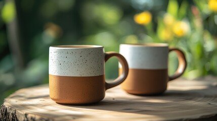 Two rustic ceramic mugs with speckled white and brown glaze on a tree stump in a garden setting with greenery and flowers in the background Copy Space