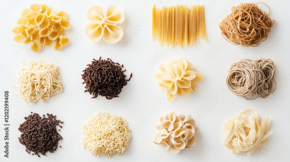 Poster Different Varieties of Dry Pasta Arranged in Rows with Copy Space for Text