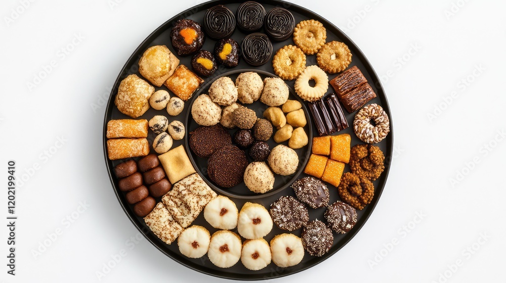 Poster assorted gourmet cookies and confectionery arranged in a circular black platter on white background 