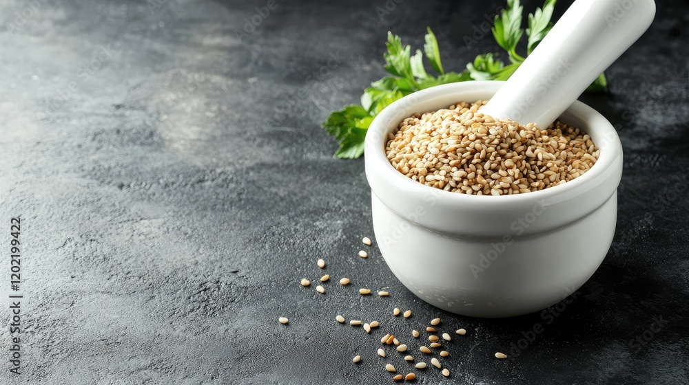 Poster sesame seeds in a white mortar and pestle with fresh herbs on a dark textured surface with copy spac
