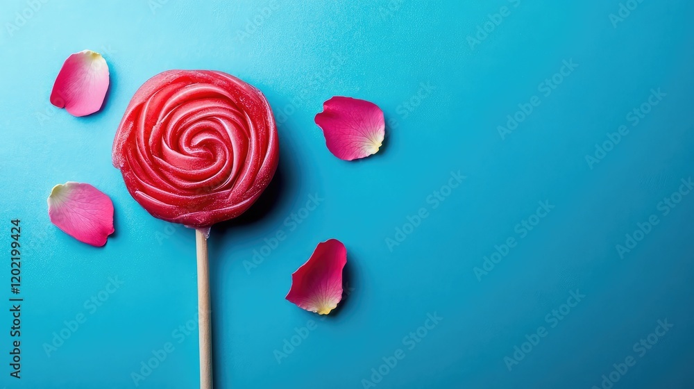 Poster lollipop candy with rose petals on a vibrant blue background and ample copy space for text