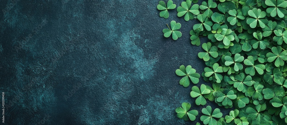 Poster green clover leaves on textured dark background with copy space for text or design.