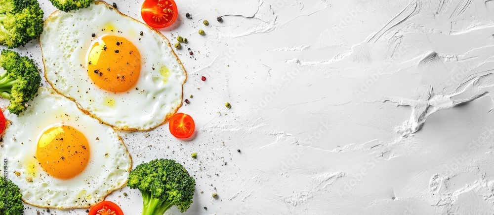 Poster fried eggs with fresh vegetables on a textured white background with copy space for text placement