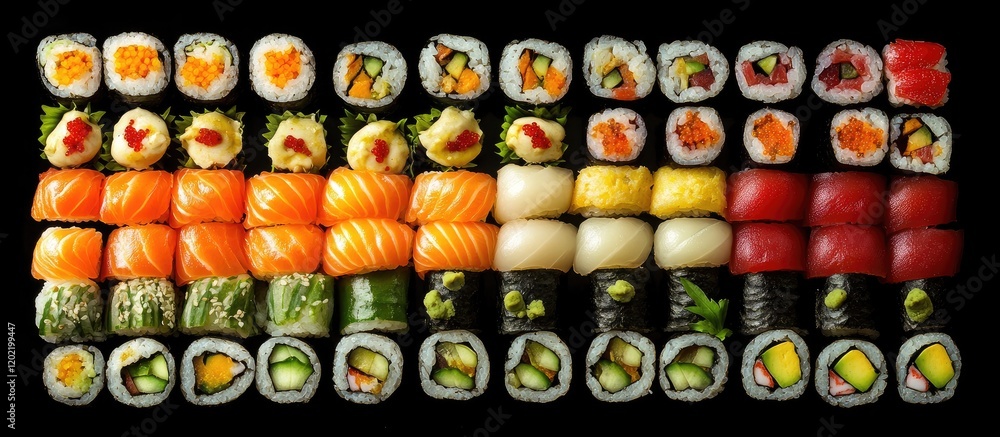 Aufkleber Assorted sushi rolls arranged in a colorful pattern on a black background with Copy Space for text placement.
