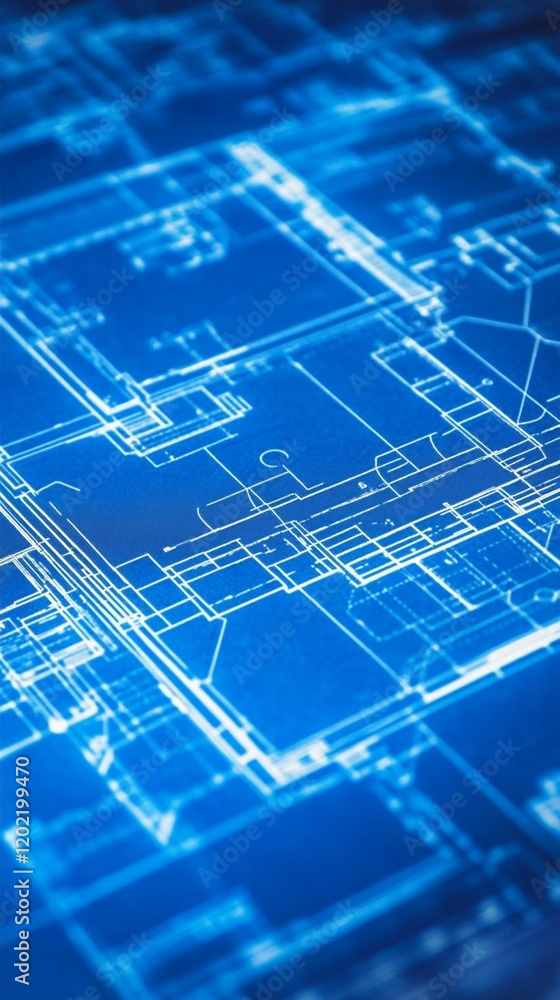 Poster detailed architectural blueprint in vibrant blue tones showing complex building layout with precise 