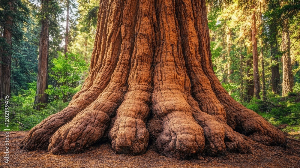 Aufkleber Textured base of a large sequoia tree in a forest setting with natural light and greenery in the background Copy Space