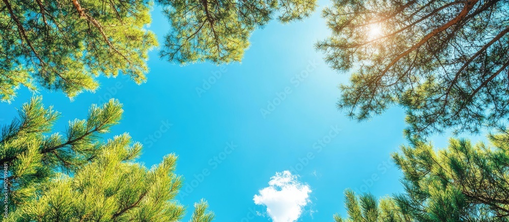 Poster Pine tree canopy view with clear blue sky and sunlight filtering through branches Copy Space