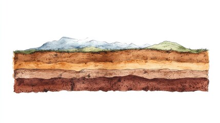 Geological layers illustration showing cross-section of soil and rock formations with mountains in the background and copy space for text