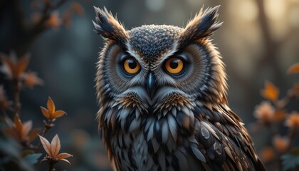 Portrait of a great horned owl and eagle owl in nature, showcasing their powerful beaks, sharp eyes, and distinctive feathers as majestic birds of prey in the wild