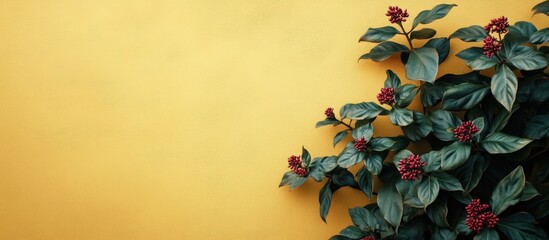 Green leaves with red flowers on a vibrant yellow background showcasing natural textures and colors Copy Space