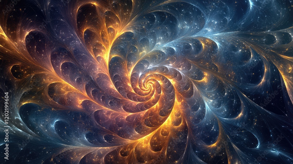 Poster Abstract fractal spiral pattern in vibrant colors with deep space background and Copy Space for text placement