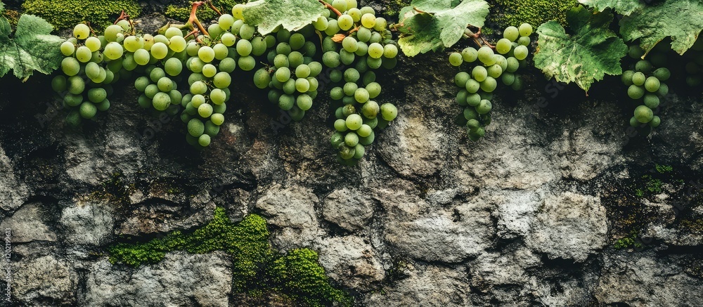 Poster Green grape bunches hanging from a stone wall with moss in a vineyard setting Copy Space