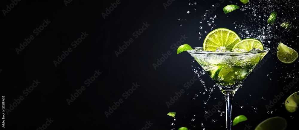 Poster cocktail glass with lime slices and splashes of water on dark background with copy space