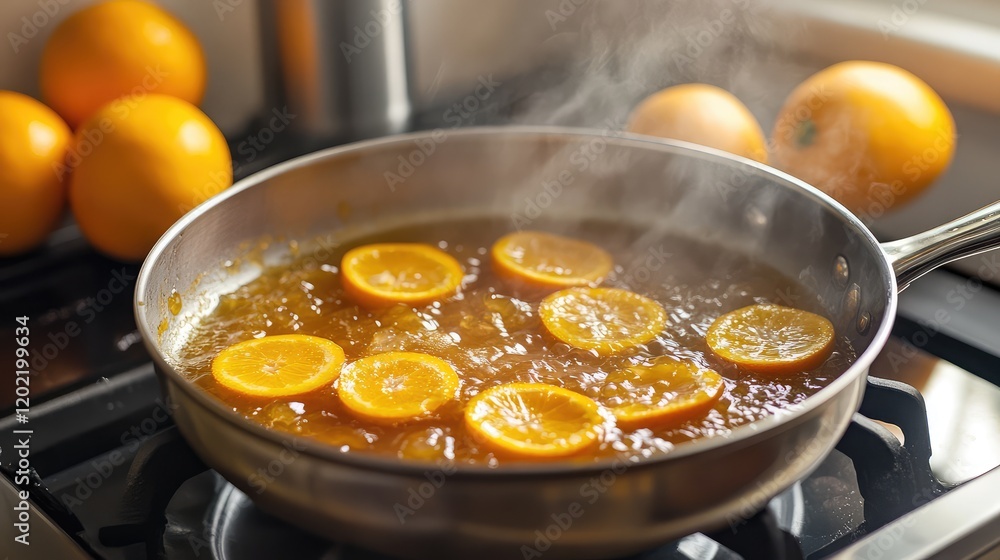 Poster sliced oranges cooking in a silver pan with steam rising on a stovetop with fresh oranges in the bac