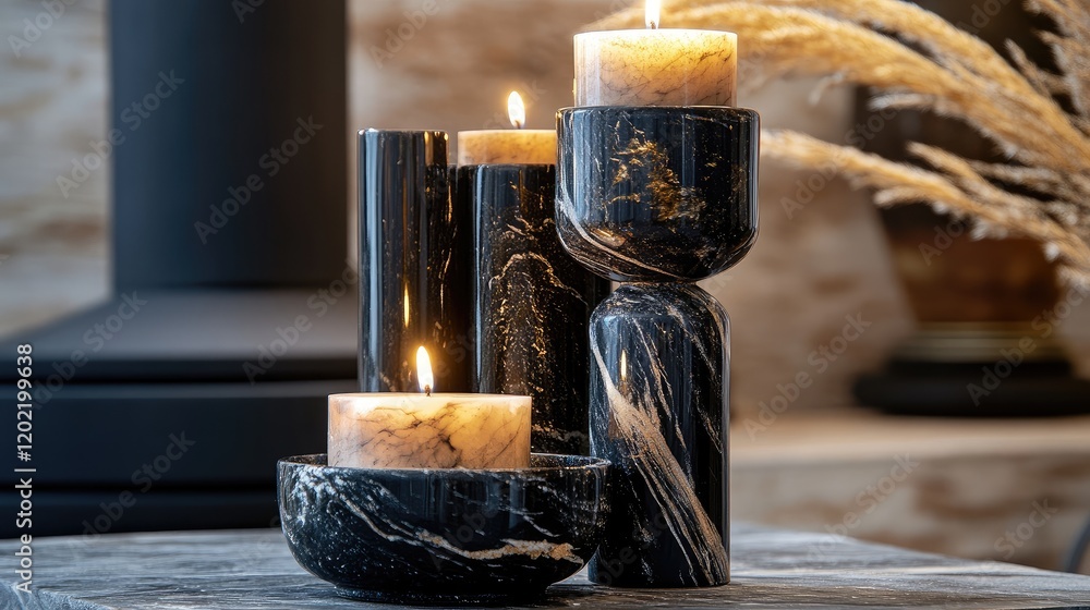 Poster decorative black marble candles in various shapes on a wooden surface with soft candlelight and deco
