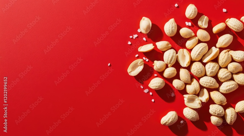 Poster Peanuts scattered on red background with salt granules and copy space for text placement