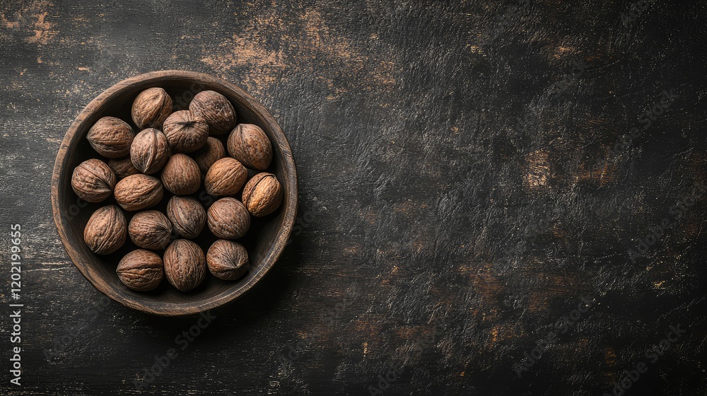 Poster bowl of whole walnuts arranged on a dark rustic wooden background with copy space for text or design