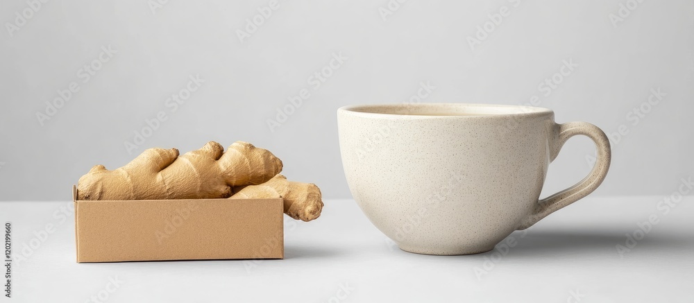 Poster ginger root in a box next to a plain white ceramic cup on a minimalist gray background with copy spa