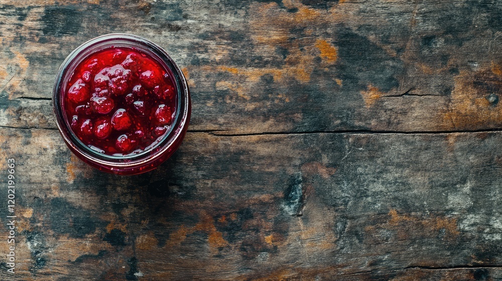 Poster jar of homemade raspberry jam on rustic wooden background with copy space