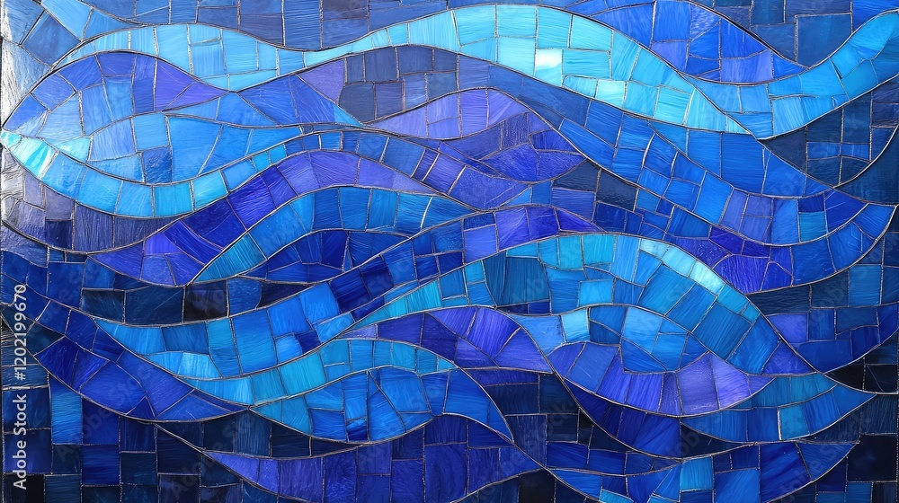 Poster mosaic tile abstract artwork in varying shades of blue depicting ocean waves with copy space for tex