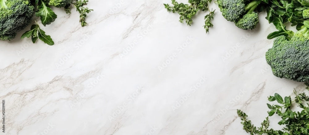 Aufkleber fresh green vegetables on a marble countertop with copy space for text or design elements.