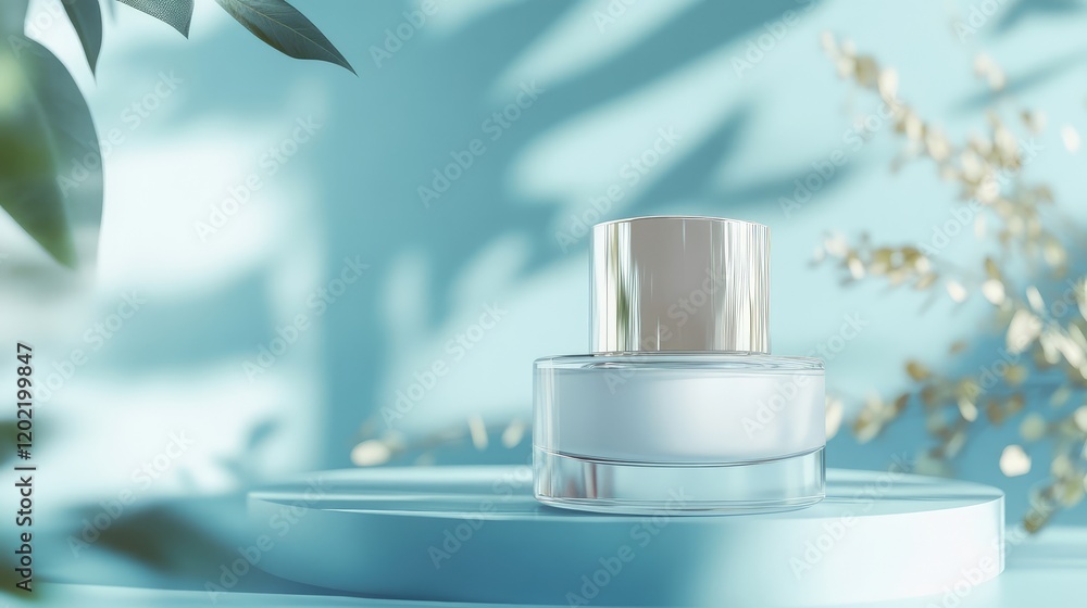 Poster Cosmetic cream jar on a round pedestal with soft shadows and blue background with foliage and floral elements Copy Space