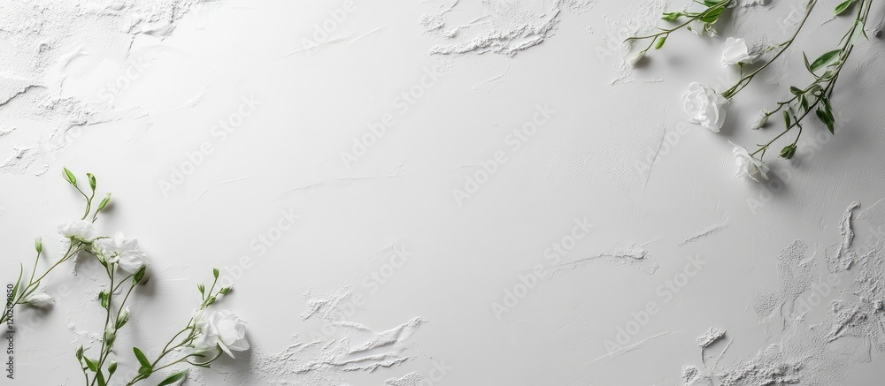 Poster white textured background with delicate white flowers and greenery arranged on the edges with copy s