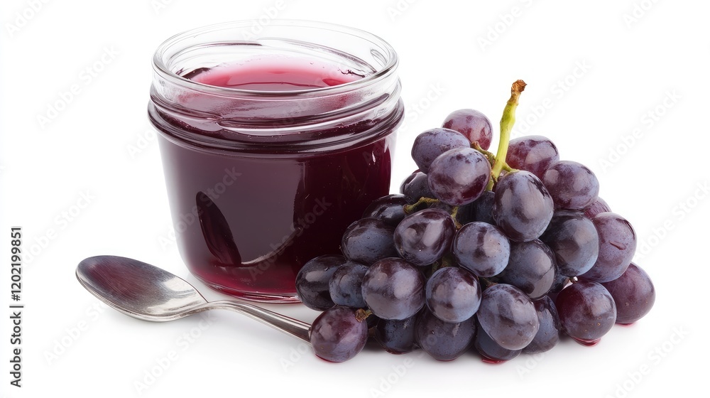 Poster Grapes and jar of grape jam with silver spoon on white background with Copy Space