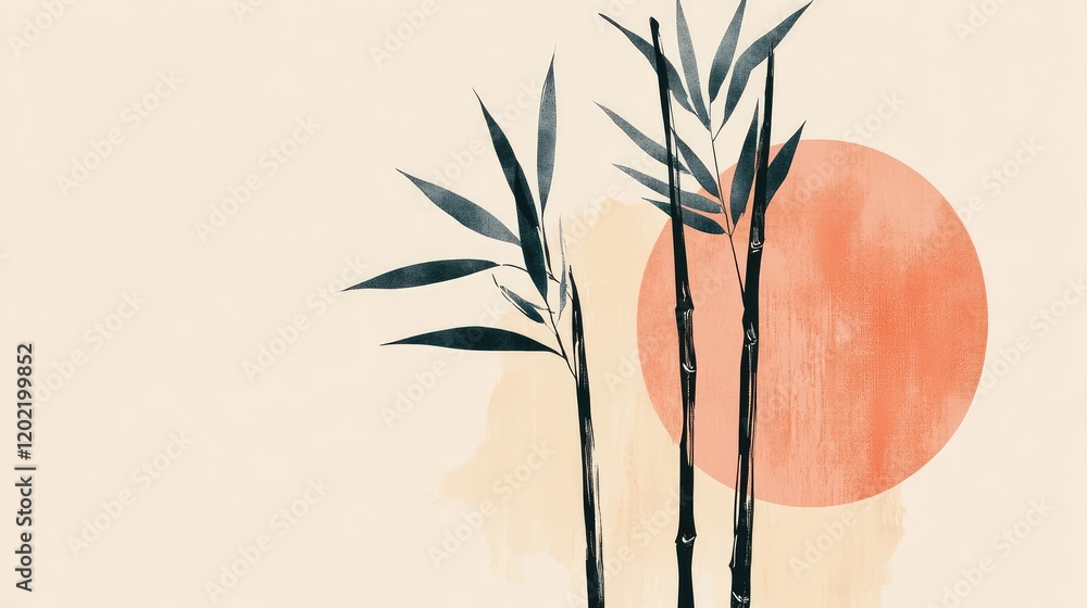Poster Bamboo branches silhouette with abstract red circular background and copy space for text on neutral toned backdrop