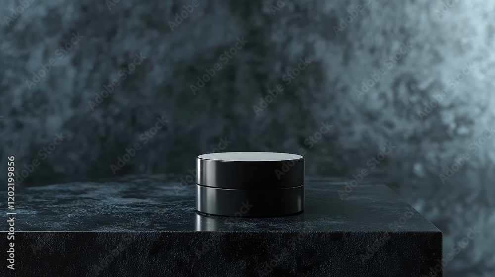Poster Black round cosmetic jar on textured dark background with dramatic lighting and Copy Space for product labeling or branding.