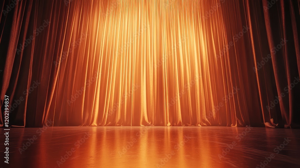 Poster stage with orange curtains and reflective floor suitable for performances with copy space for text p