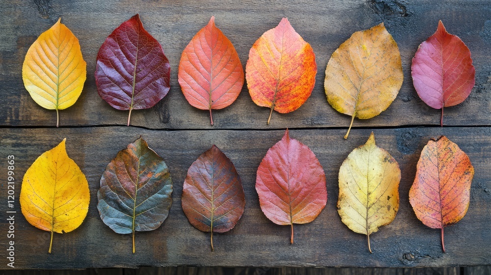Poster colorful autumn leaves arranged in a grid pattern on wooden background with copy space for text