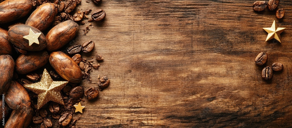 Poster coffee beans and cocoa pods on rustic wooden background with gold star decorations and copy space fo