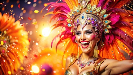 Obraz premium Joyful Samba Dancer in Bright Pink and Orange Carnival Costume with Glittering Top and Radiant Smile, Blurred Background with Confetti and Warm Golden Light