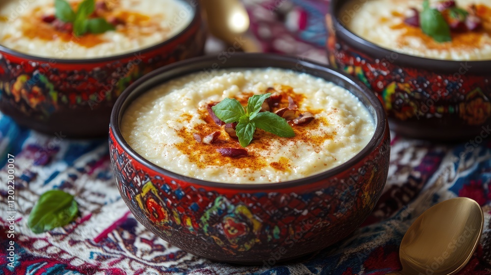 Poster traditional pudding served in decorative bowls on a patterned textile with fresh herbs and spices co