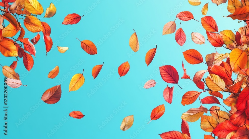 Poster colorful autumn leaves falling against a gradient blue background with ample copy space for text ins