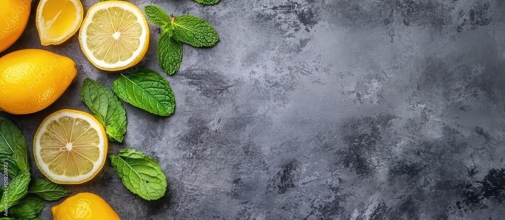 Poster fresh lemons and mint leaves on dark textured background with copy space for text.