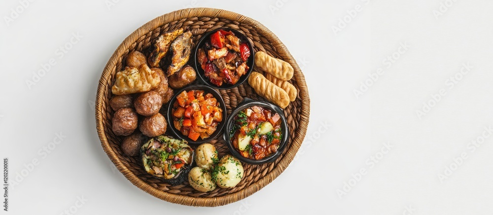 Poster assorted traditional dishes in woven basket on white background with copy space for text