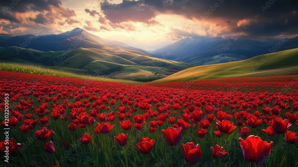 Poster vibrant red tulip field in foreground with rolling green hills and mountains under dramatic cloudy s